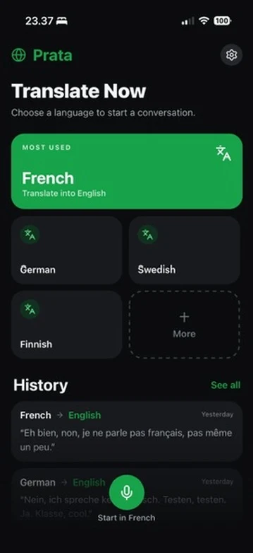 Prata translation app on iPhone, showing a list of languages to start a conversation.